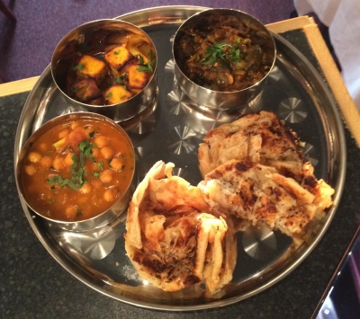 Paratha, Paneer Tikka, Chana Masala, Aubergine & Broad Beans